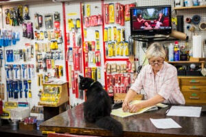 Store owner working behind desk