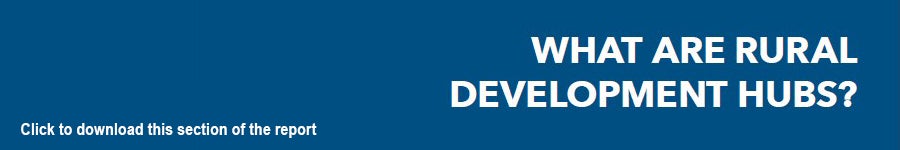 Blue box containing the words, "What are rural development hubs? Click to download this section of the report."