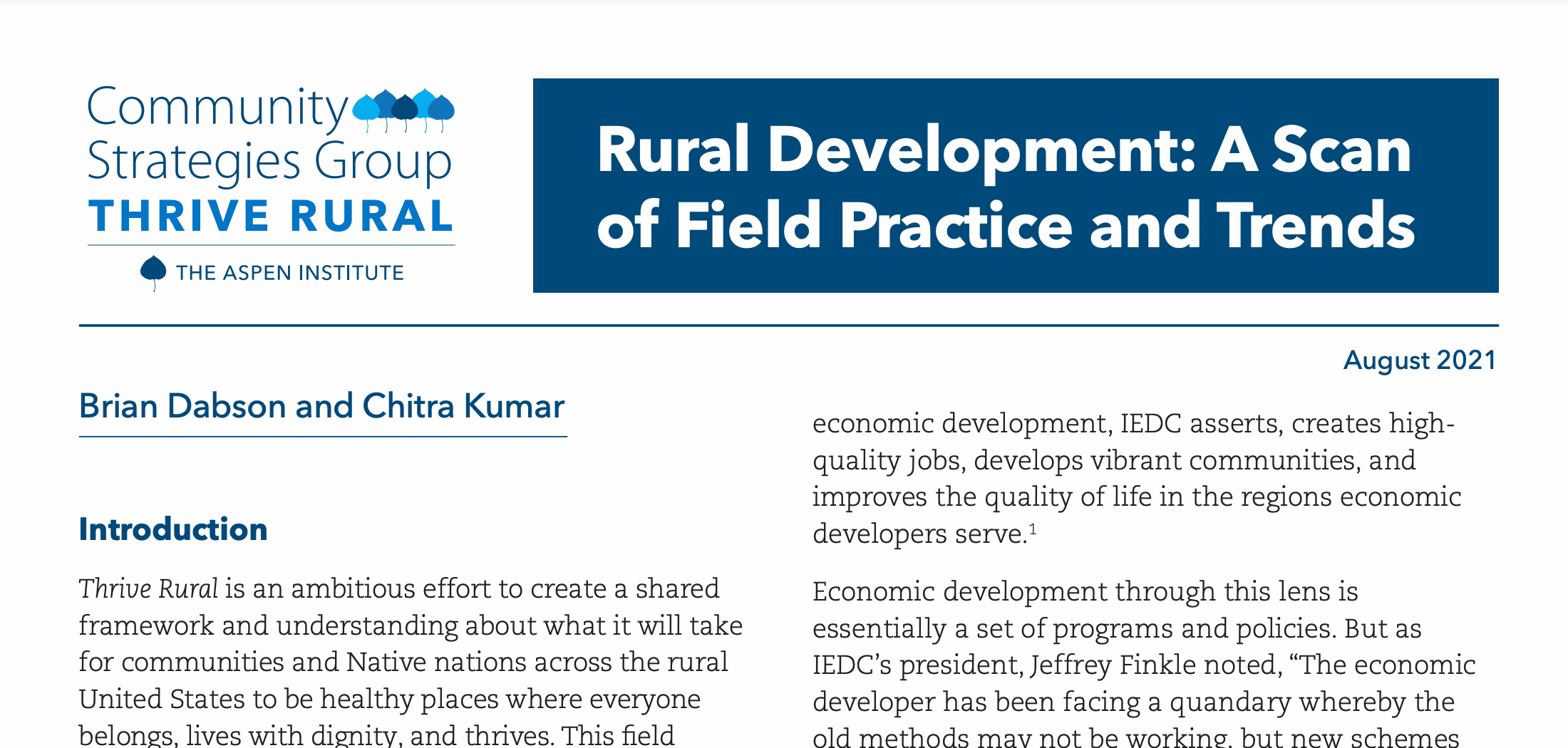 Community Strategies Group Thrive Rural, Rural Development: A Scan of Field Practice and Trends, by Brian Dabson and Chitra Kumar