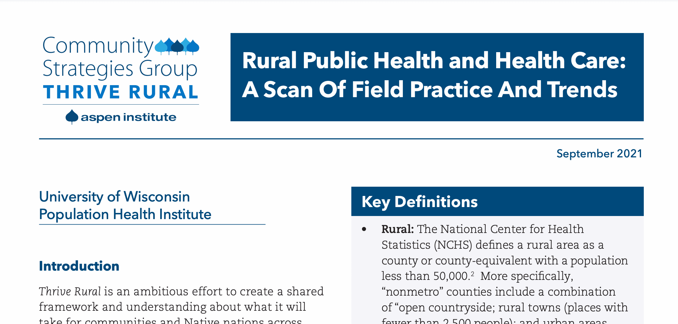 Community Strategies Group Thrive Rural, Rural Public Health and Health Care: A Scan of Field Practice and Trends, by University of Wisconsin Population Health Institute