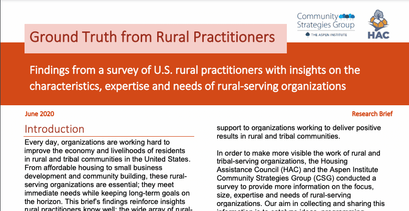 Ground Truth from Rural Practitioners. Findings from a survey of US rural practitioners with insights on the characteristics, expertise and needs of rural-serving organizations.