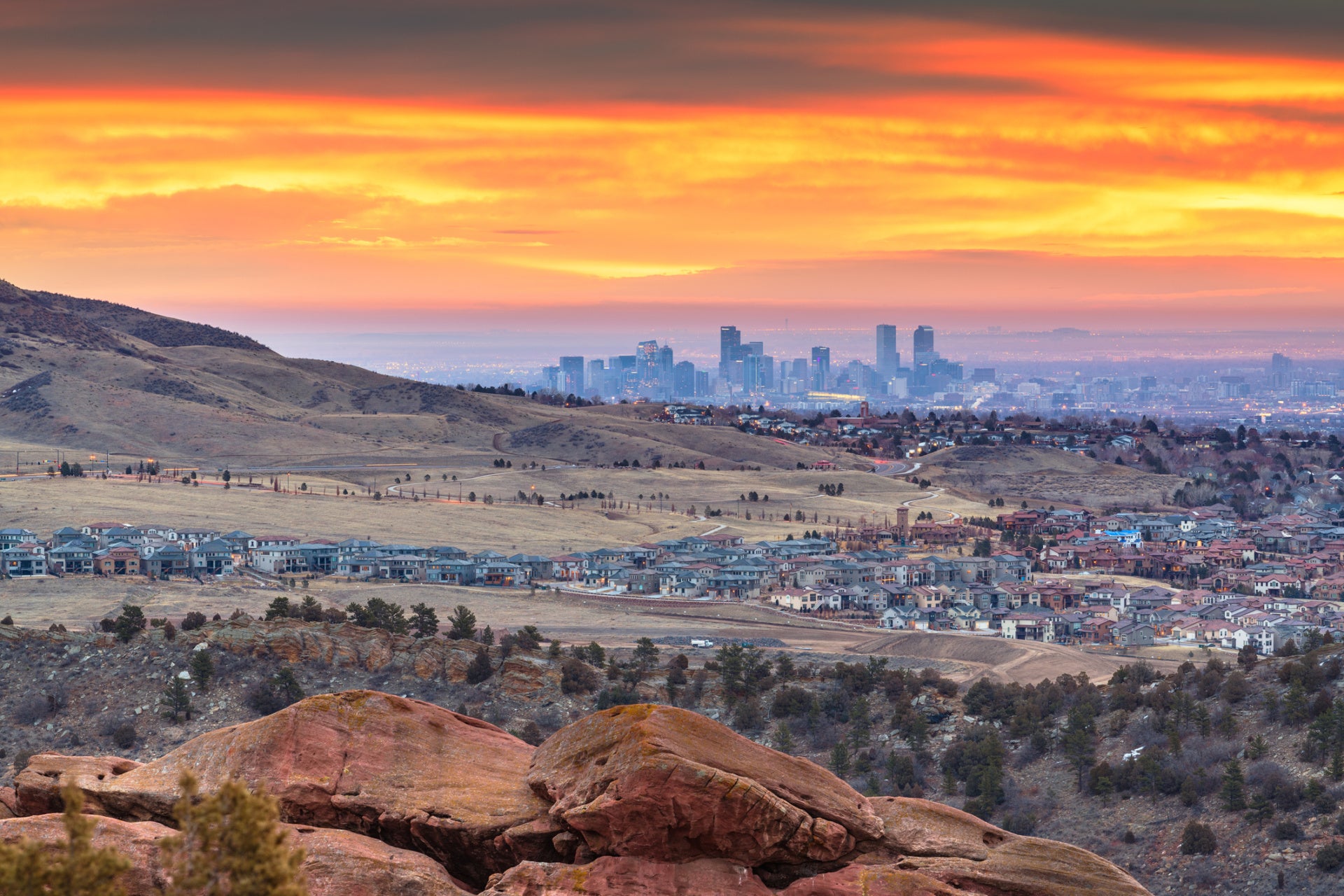 Far view over hills, suburbs, and downtown skyline