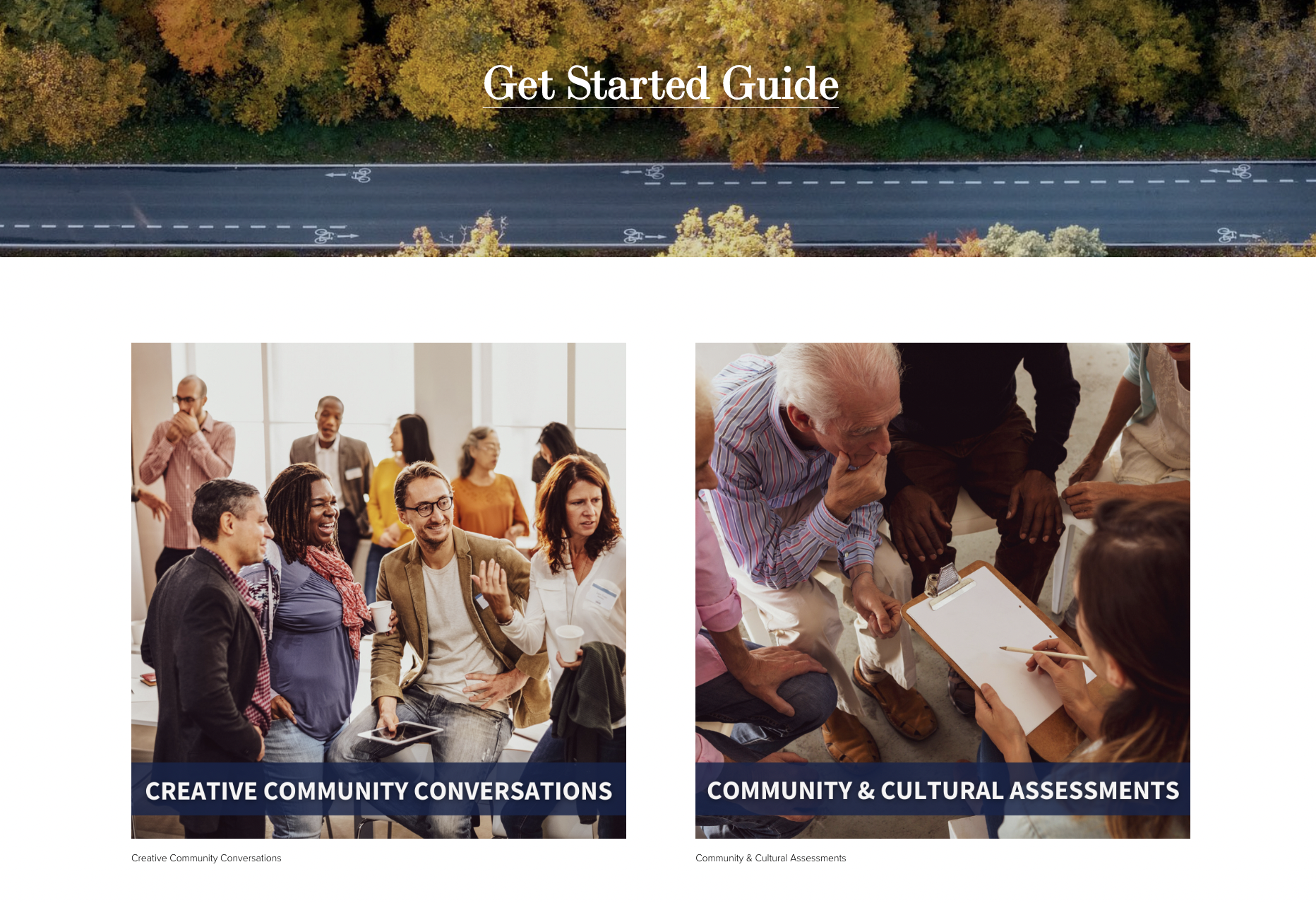 Get Started Guide with icons for creative community conversations and community & cultural assessments