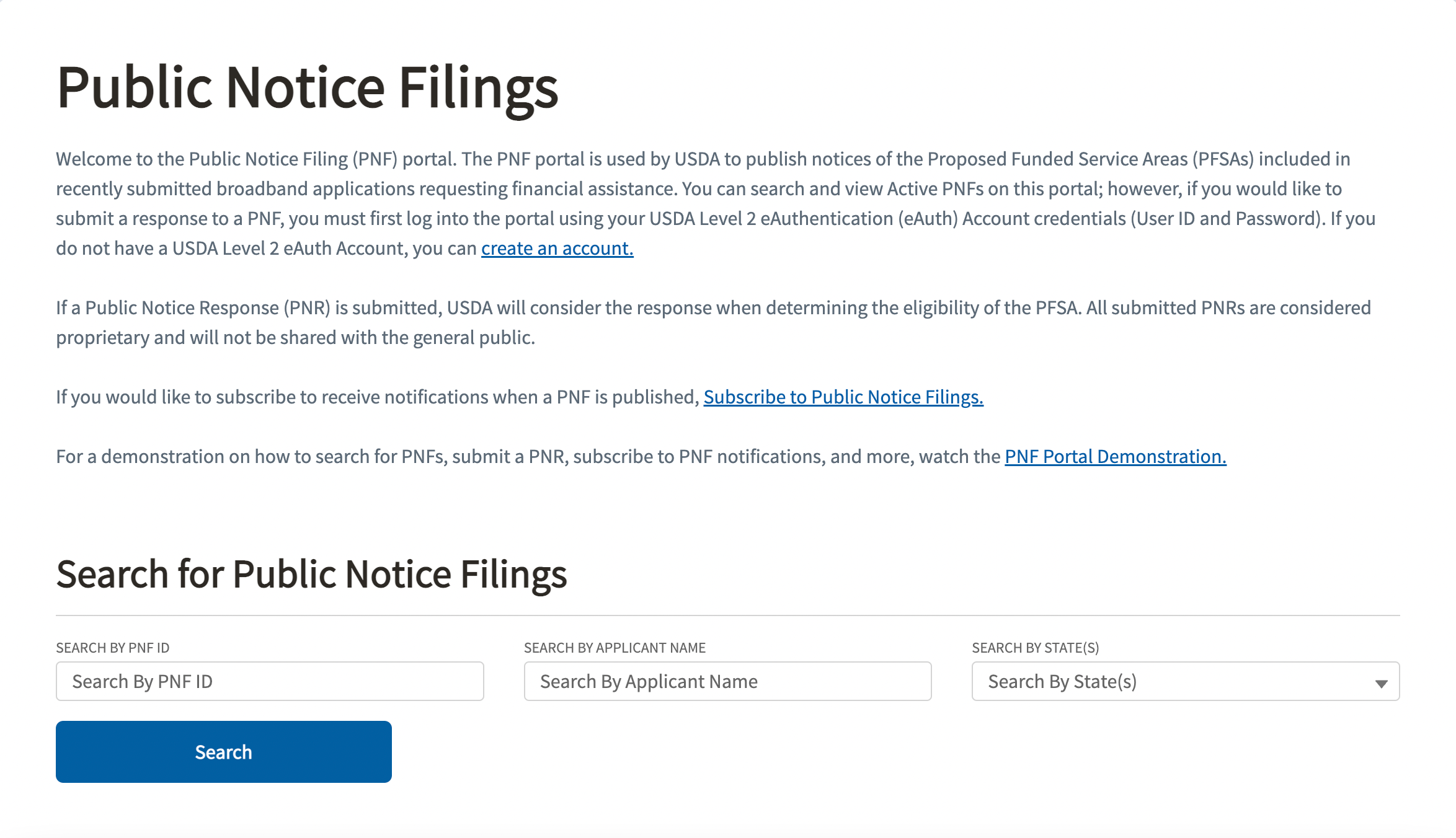 Public Notice Filings page