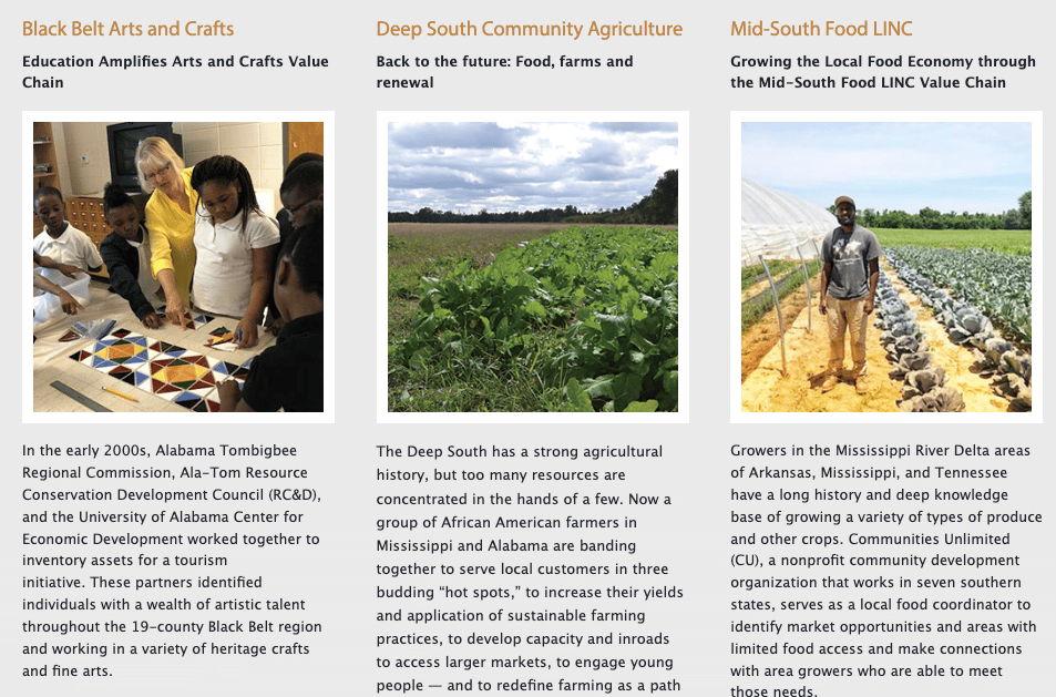 Black students making art with text "Black Belt Arts and Crafts," crops with text "Deep South Community Agriculture," and Black farmer standing with crops with text "Mid-South Food LINC"