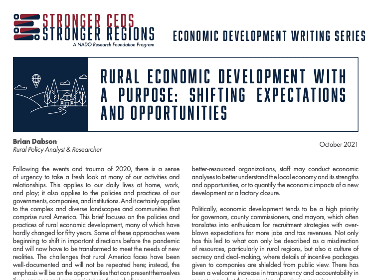 Rural Economic Development with a Purpose: Shifting Expectations and Opportunities article from NADO Research Foundation Program