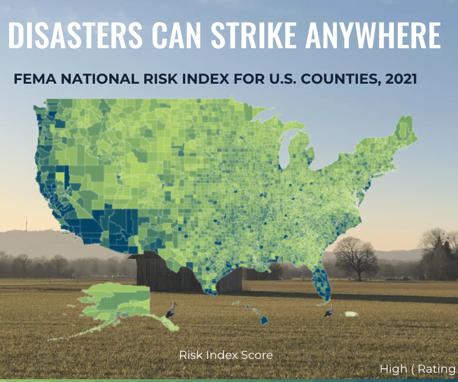 Disasters can strike anywhere. FEMA National Risk Index for US counties, 2021, with map of united states.
