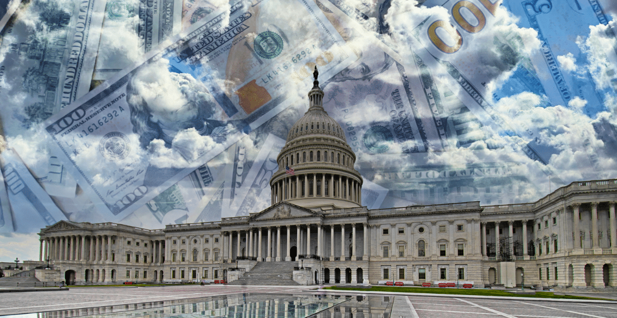 US Capitol building with money image in background