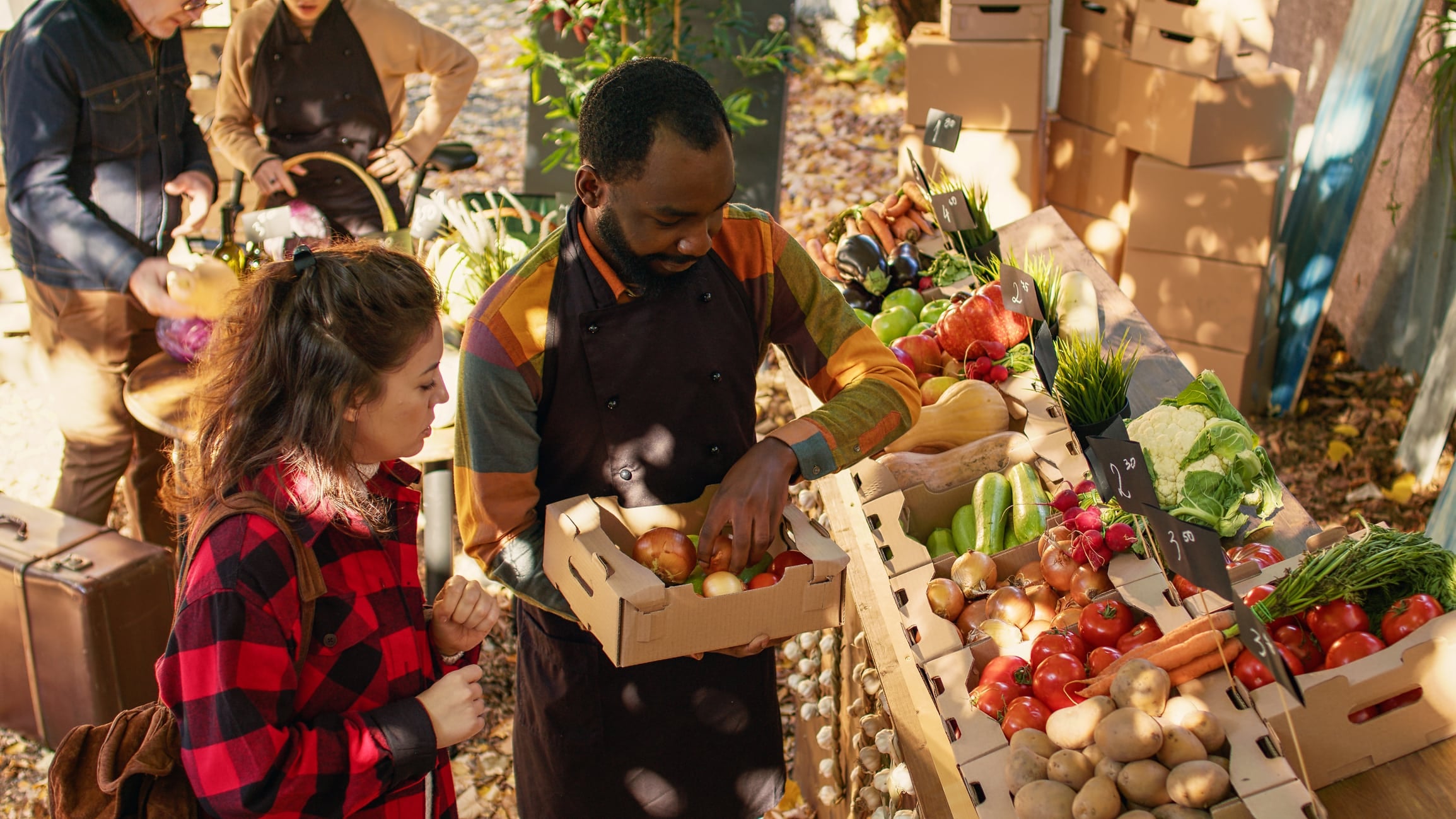 Small business owners choosing apples and veggies in box at farmers market.