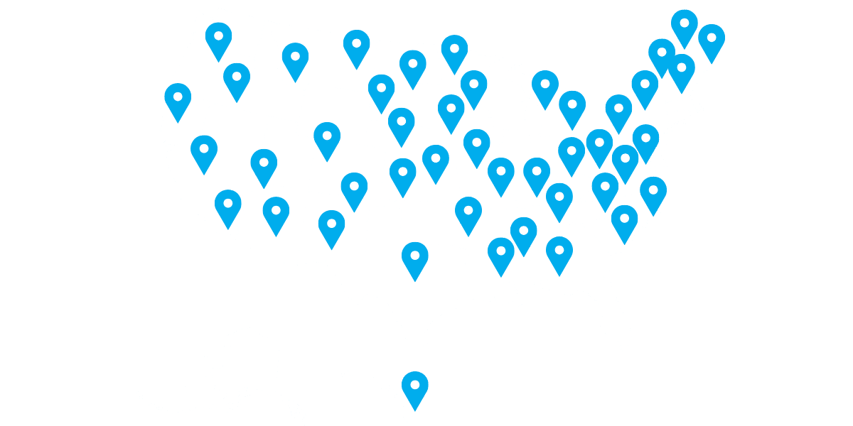 US map with icons in the states where interviewed Hub leaders work. Most states have an icon.
